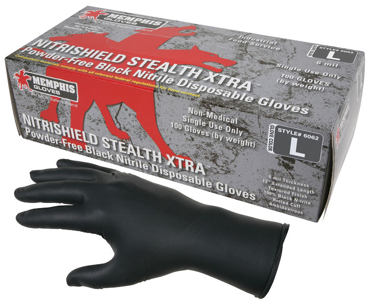 GLOVE NITRILE BLACK PF;6 MIL 12 IN TEXTURED - Latex, Supported